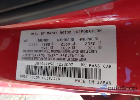 2015 Mazda Mazda6 I Touring from USA, damaged, VIN JM1GJ1V58F1223007